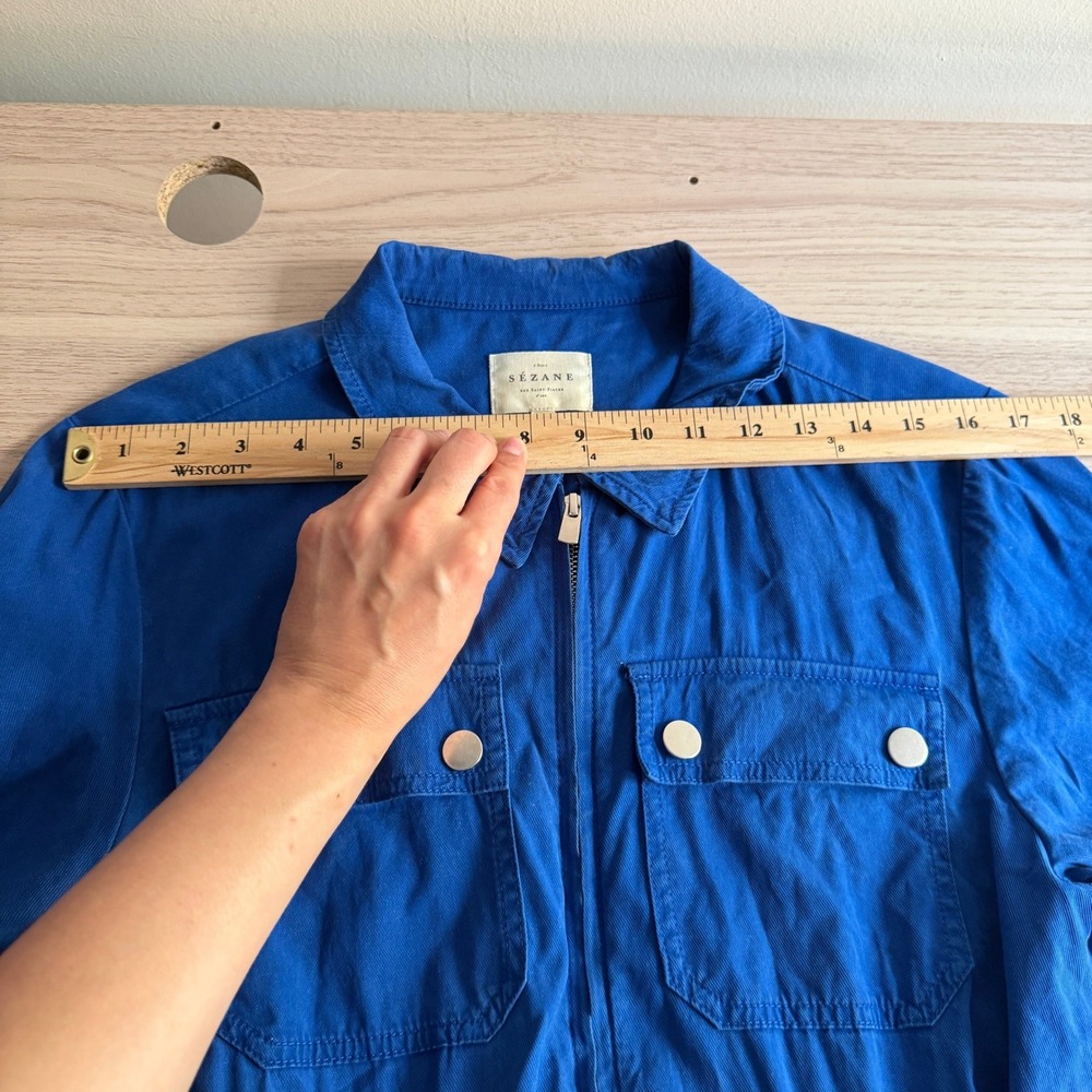 Sezane Brooklyn Jumpsuit Long Sleeve Belted Utility Blue Women's 10 Good Patina - Picture 6 of 9